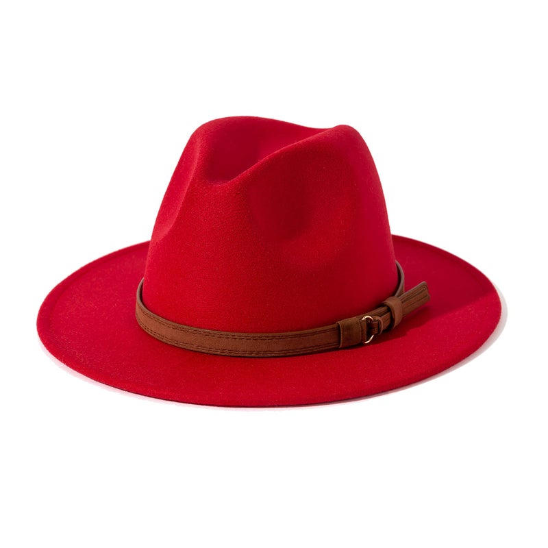 Lisianthus Men & Women Vintage Wide Brim Fedora Hat with Belt Buckle A-Red 59-60cm - Image 1